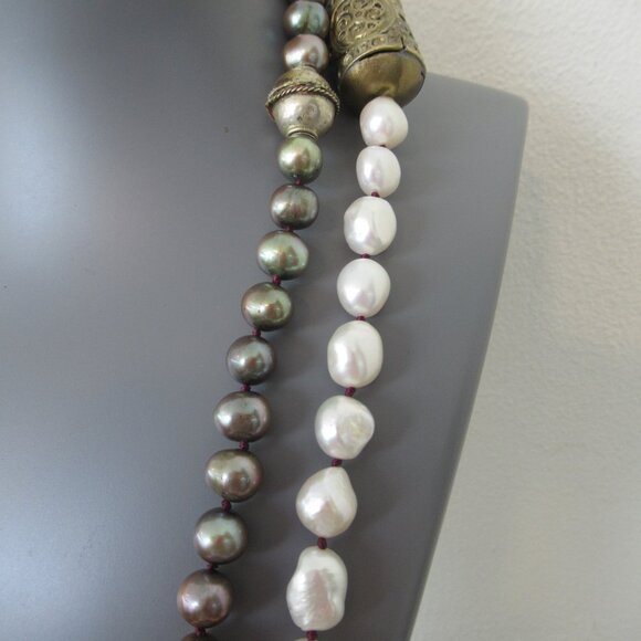 VTG Real Pearls Hand Tied Two Tone w/ Ancient Engrave Metal Beads Extra Long 51" - Picture 6 of 14